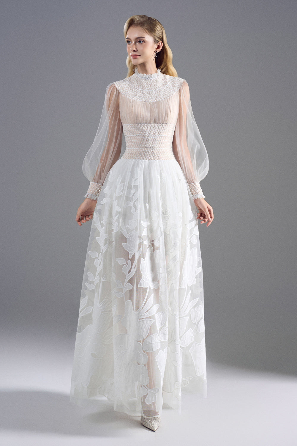 maxi dress with bishop sleeves Women's Virel Bishop Sleeve Maxi Dress White & Nude S/M/L/Customize MEAN BLVD, White & Nude / S
