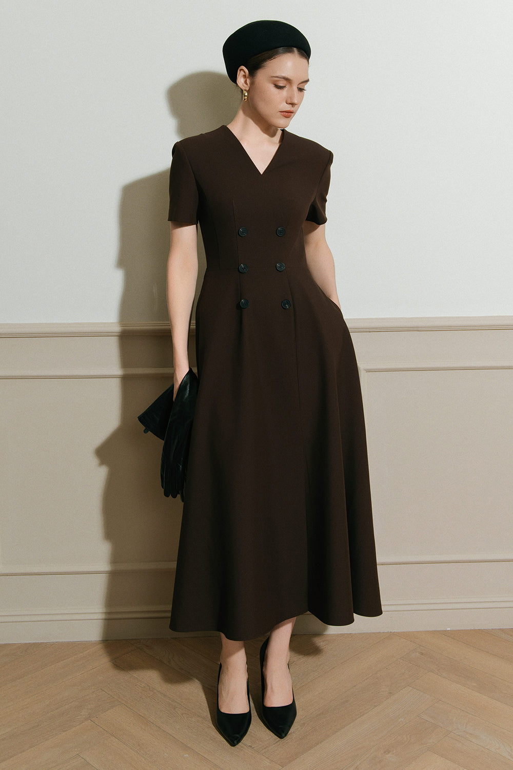 Women's Vivienne V-Neck Button Midi Dress S/M/L/Customize Chocolate Brown MEAN BLVD Women's Vivienne V-Neck Button Midi Dress S/M/L/Customize Chocolate Brown MEAN BLVD