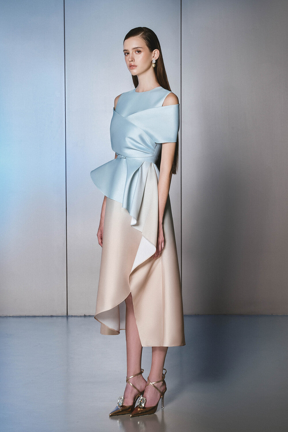 Seeson A-line Ruffle Layer Taffeta Midi Dress