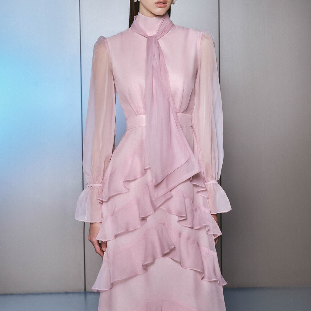 Lavel Layered Tie Neck Organza Midi Dress