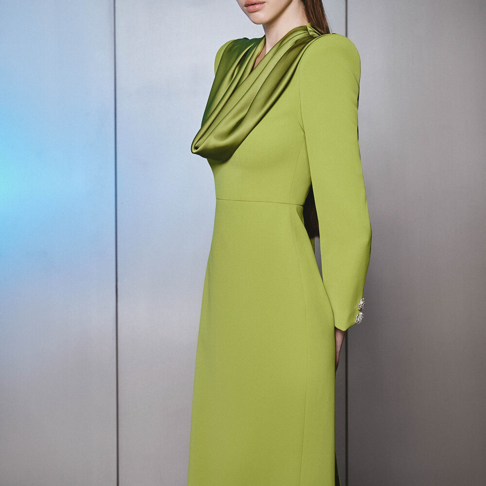 Front Pencil Scarf Neck Cotton Silk Midi Dress