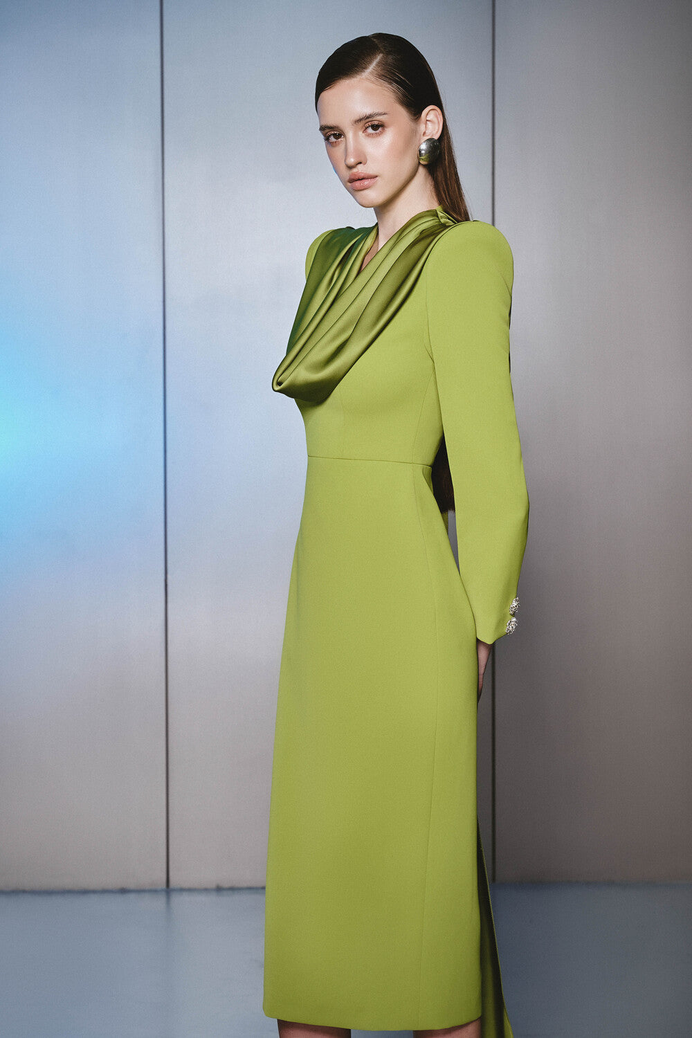 midi dress with scarf Odette | Powder BLUE Asymmetric-Neck Midi Dress With Scarf