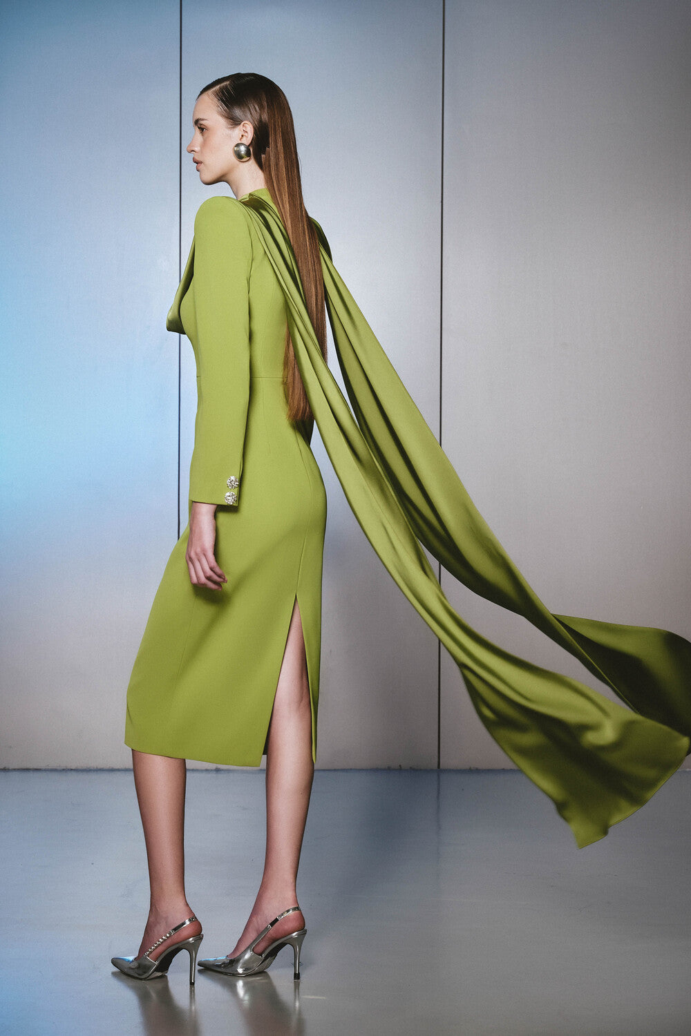 scarf neck midi dress Bright Green Warehouse Satin Jacquard Cowl Scarf Neck Fringe Midi Slip Dress