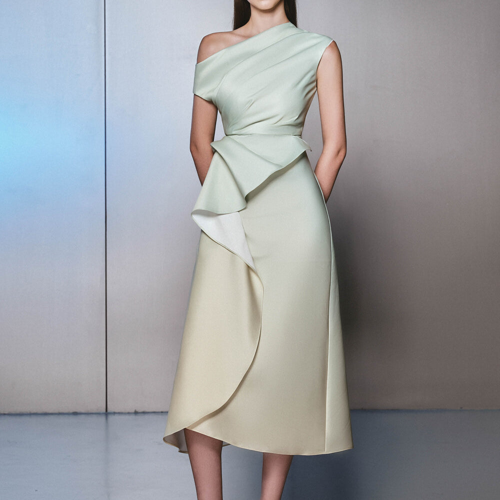 Daplon A-line Asymmetric Neck Taffeta Midi Dress