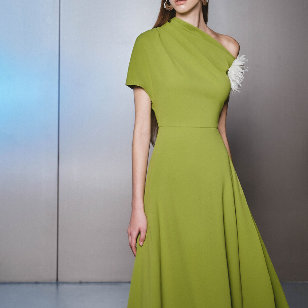 Amoxi Asymmetric Short Sleeved Cotton Silk Calf Length Dress