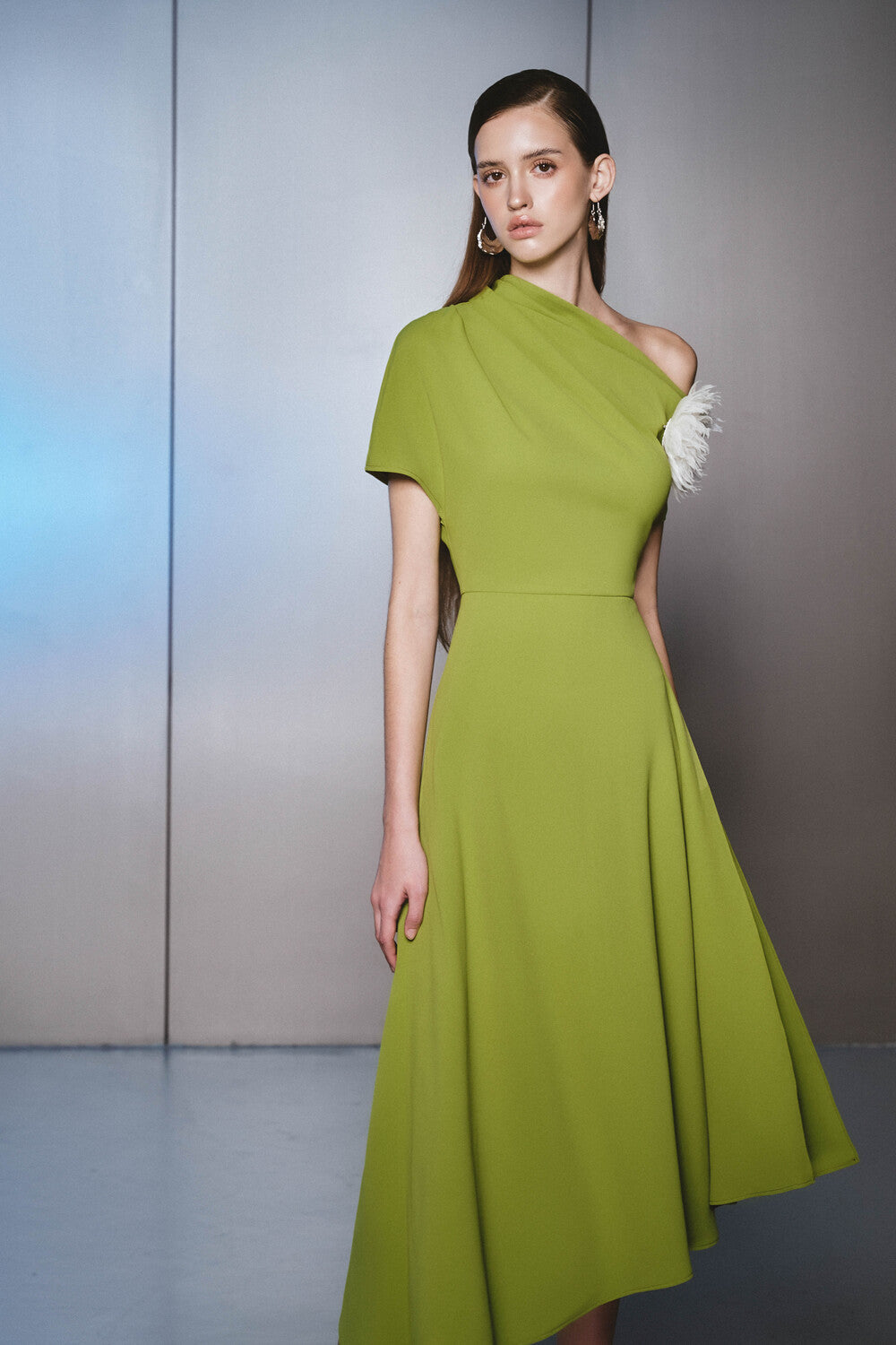 Women's Amoxi Asymmetric Short Sleeved Cotton Silk Calf Length Dress S/M/L/Customize Avocado Green MEAN BLVD Women's Amoxi Asymmetric Short Sleeved Cotton Silk Calf Length Dress S/M/L/Customize Avocado Green MEAN BLVD