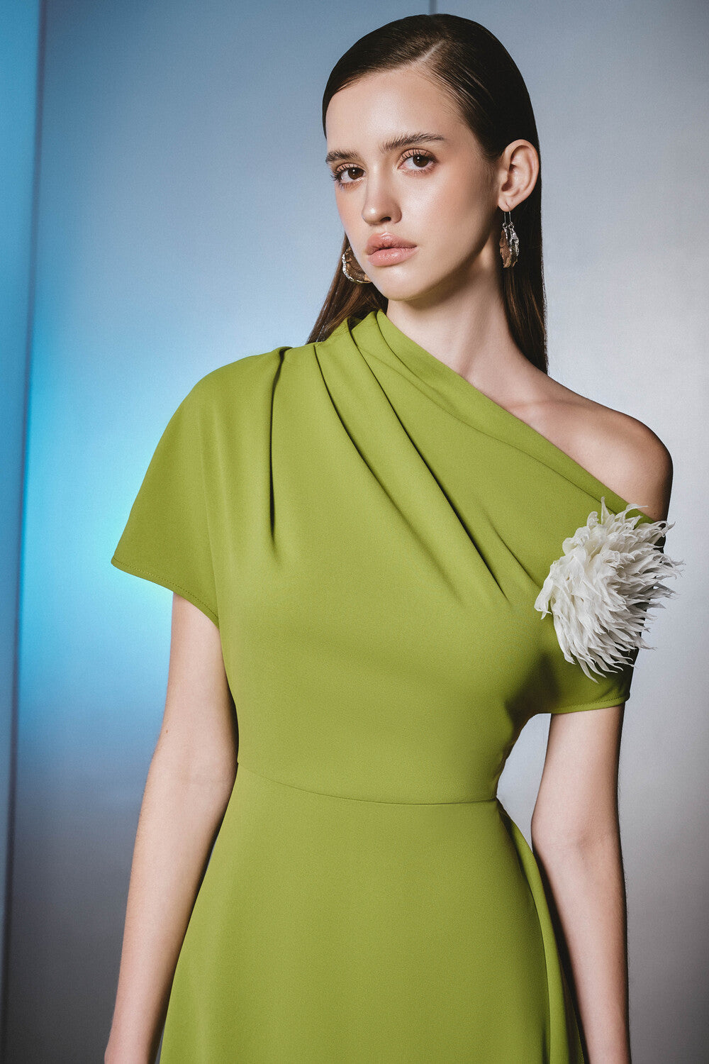 Amoxi Asymmetric Short Sleeved Cotton Silk Calf Length Dress