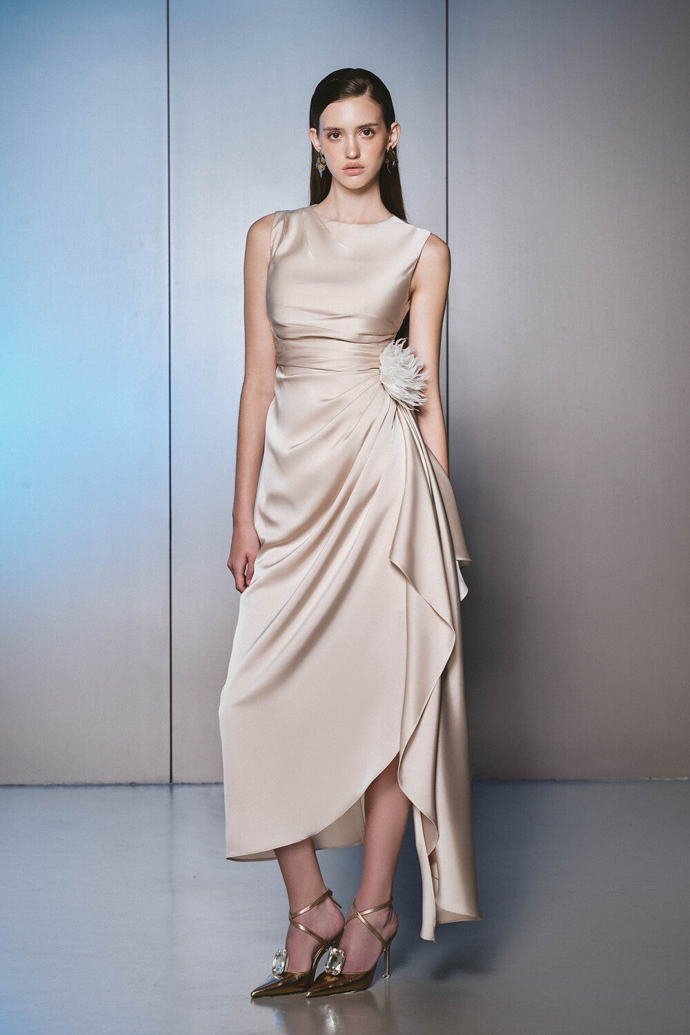 Women's Kaytlyn Sarong Sleeveless Silk Blend Calf Length Dress  S/M/L/Customize Beige Pearl MEAN BLVD