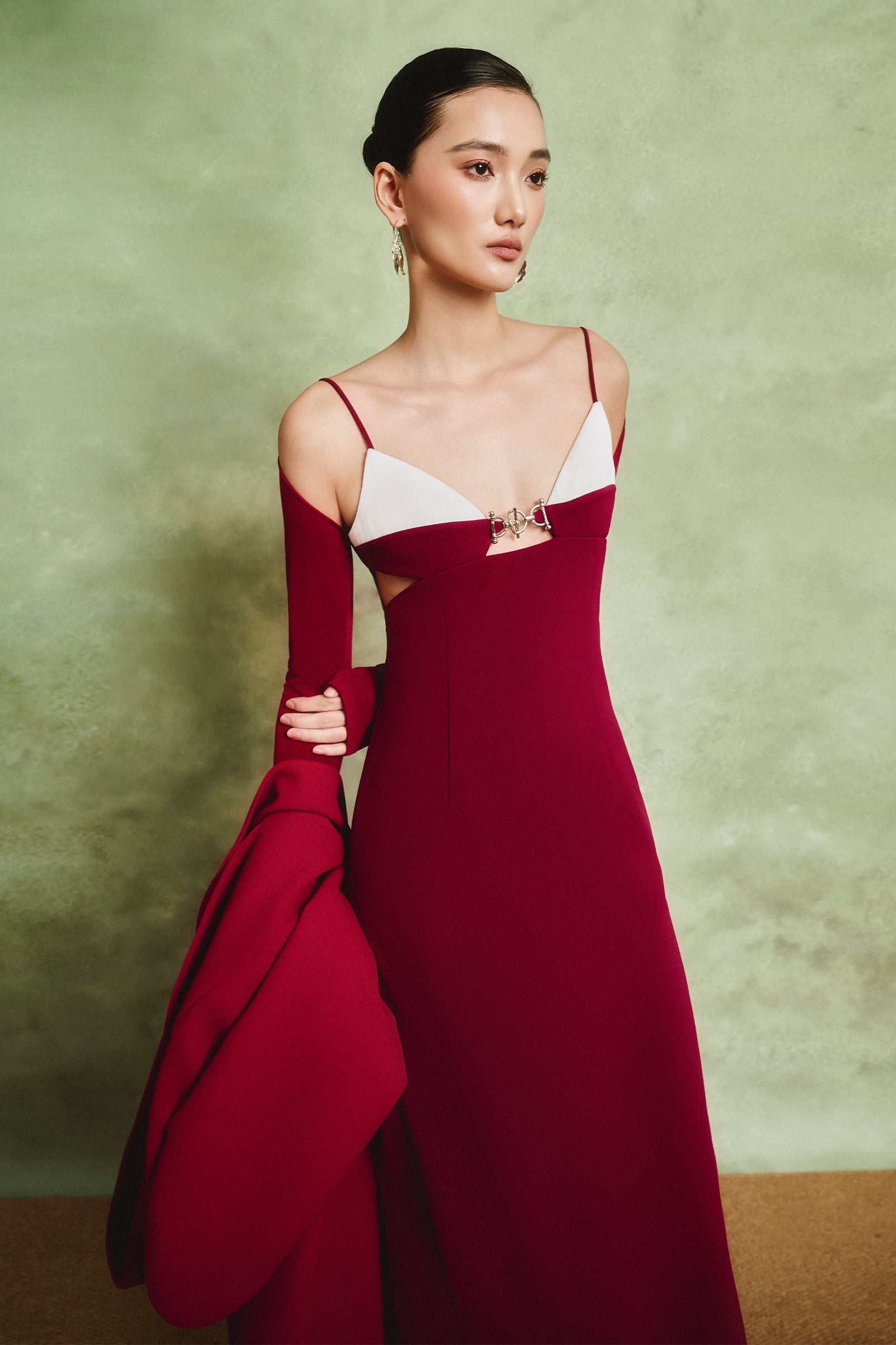 Seina Cold Shoulder Sleeve Metal Midi Dress