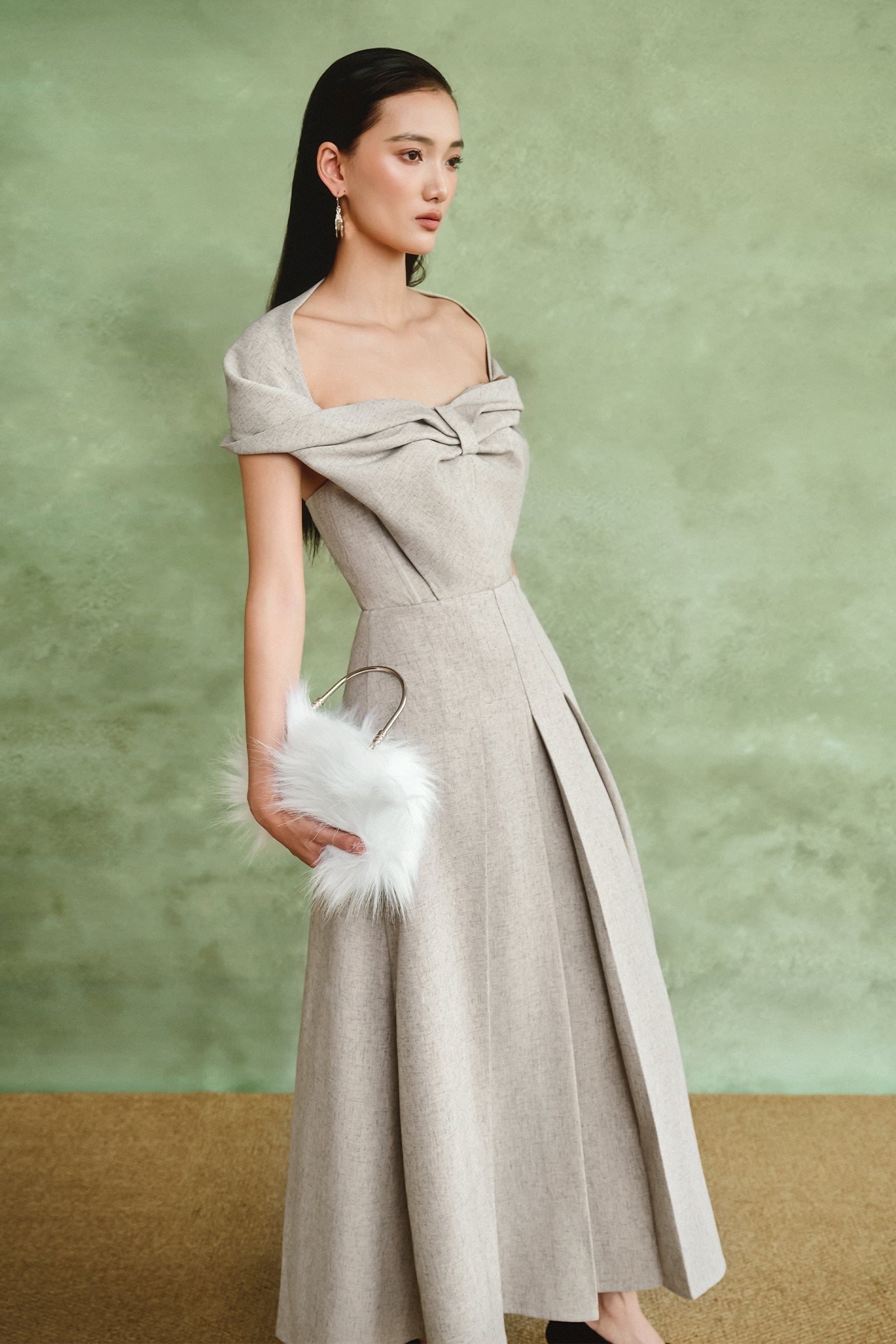 Venice Off-Shoulder Pleated Midi Dress