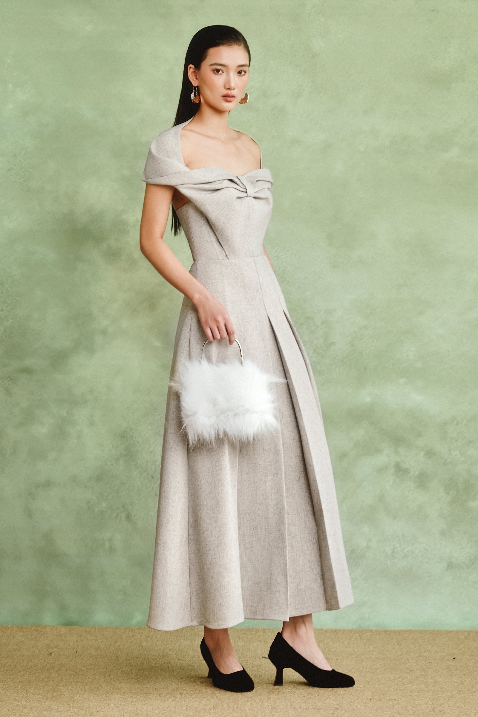Women's Venice Off-Shoulder Pleated Midi Dress S/M/L/Customize Light Gray MEAN BLVD Women's Venice Off-Shoulder Pleated Midi Dress S/M/L/Customize Light Gray MEAN BLVD