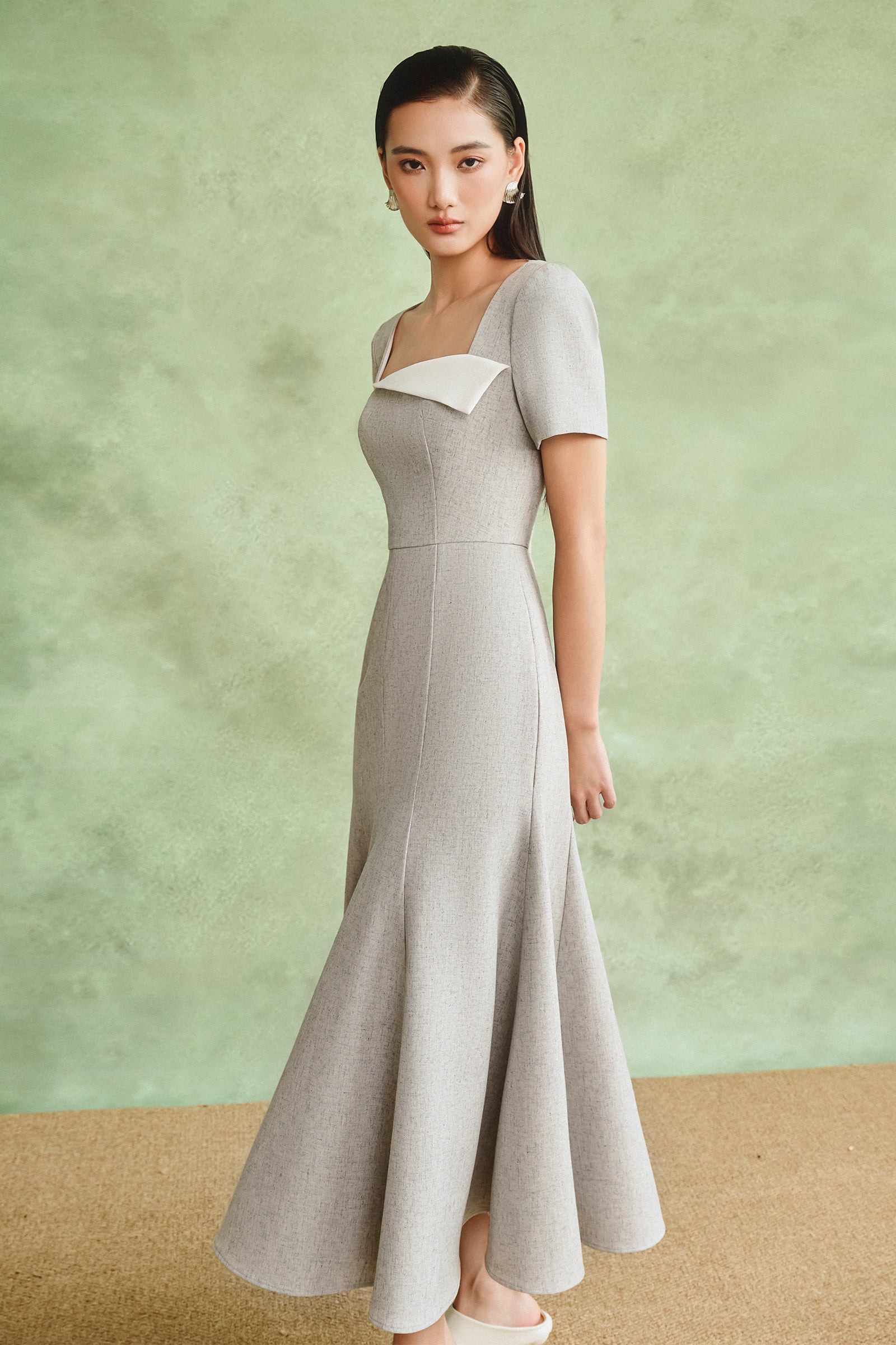 Women's Gevena Square Neck Draped Midi Dress S/M/L/Customize Light Gray  MEAN BLVD
