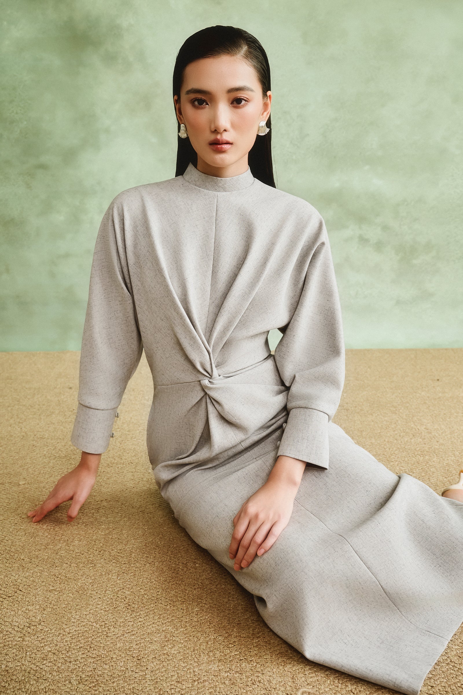 Verona High Neck Gathering Midi Dress