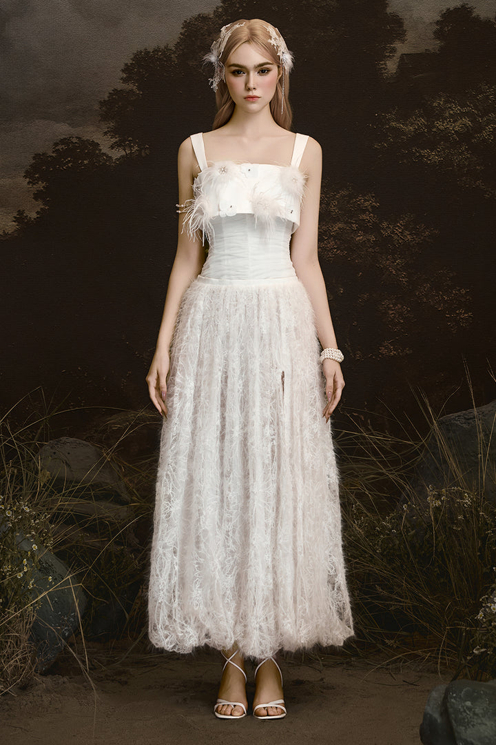 Whisper Square Neck Feather Midi Dress - MEAN BLVD