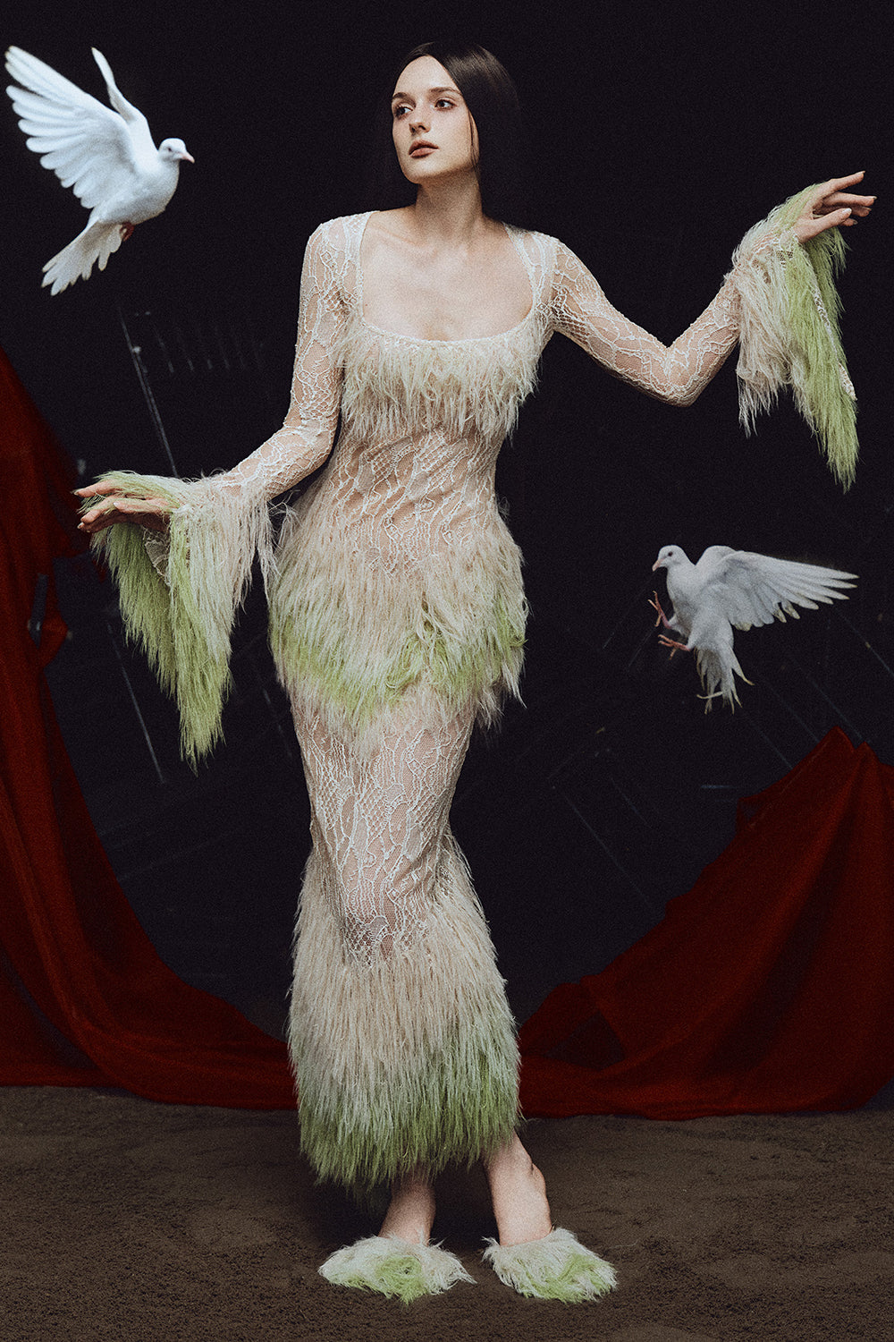 Women's Willow Square Neck Feather Maxi Dress XS/S/M/L/Customize Beige & Moss MEAN BLVD Women's Willow Square Neck Feather Maxi Dress XS/S/M/L/Customize Beige & Moss MEAN BLVD