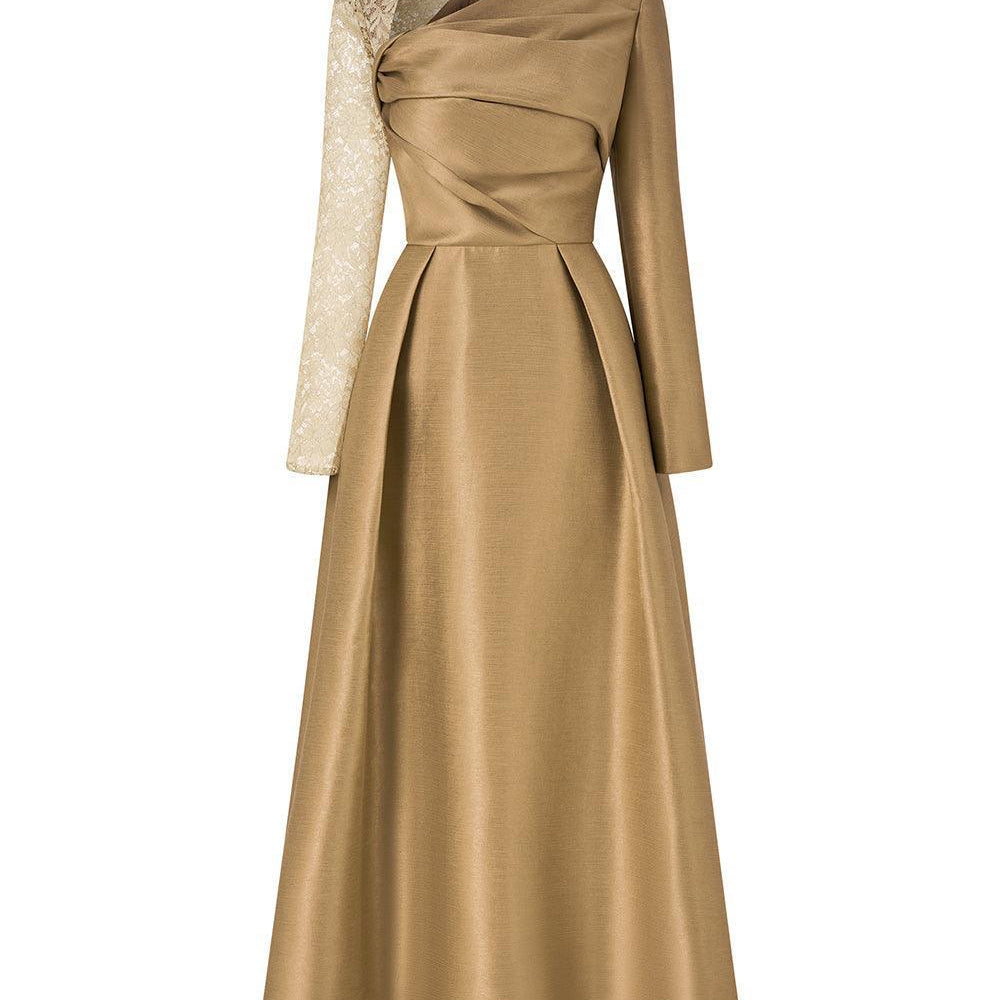 Aarina Fit and Flare Asymmetric Neck Taffeta Midi Dress - MEAN BLVD