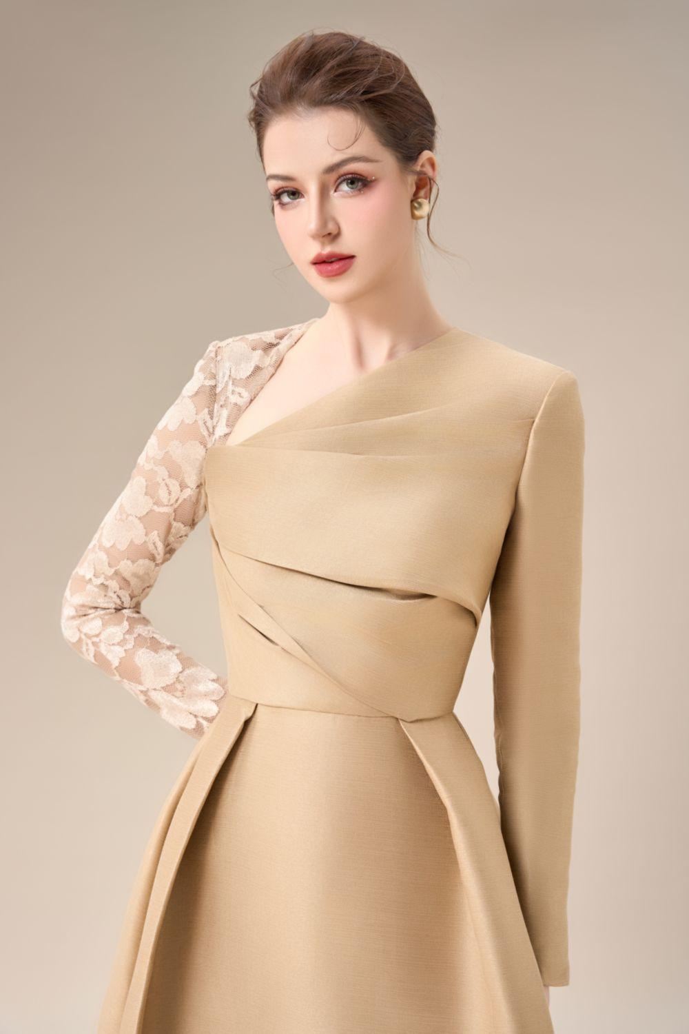 Aarina Fit and Flare Asymmetric Neck Taffeta Midi Dress - MEAN BLVD