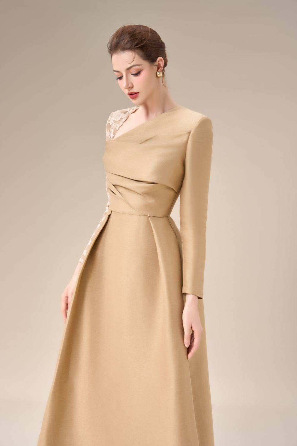 Aarina Fit and Flare Asymmetric Neck Taffeta Midi Dress - MEAN BLVD