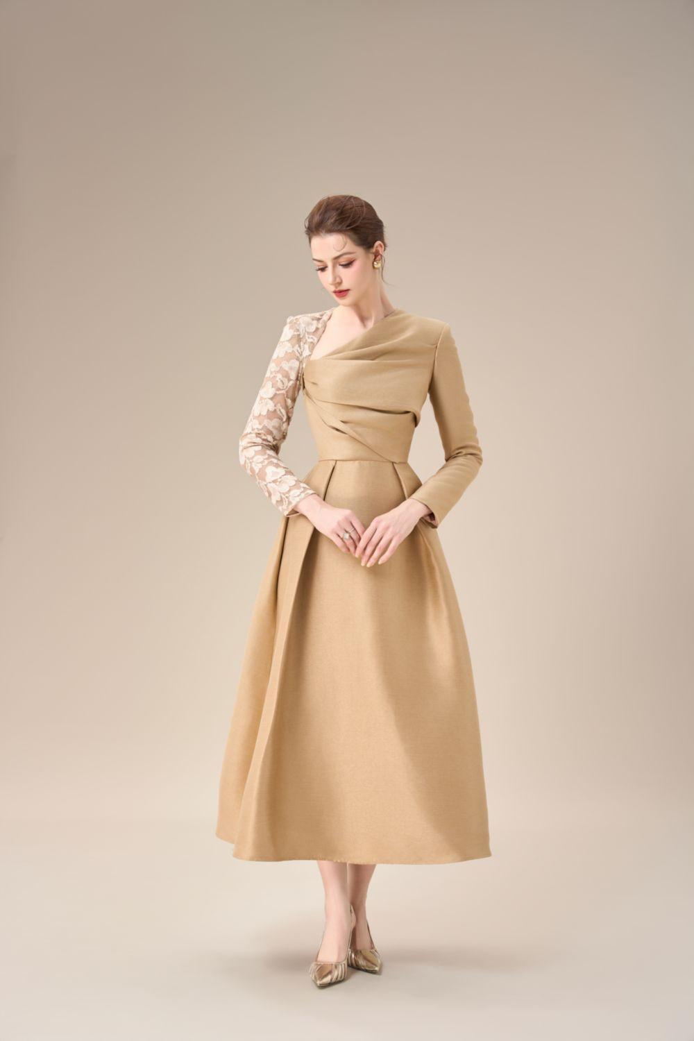 Aarina Fit and Flare Asymmetric Neck Taffeta Midi Dress - MEAN BLVD