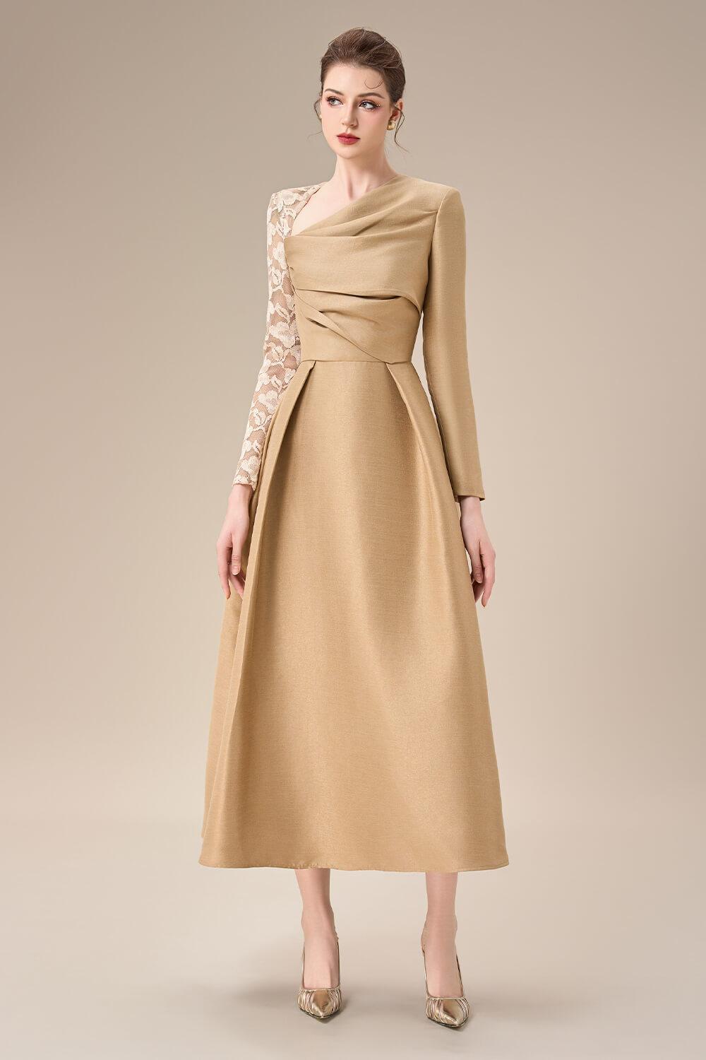 Aarina Fit and Flare Asymmetric Neck Taffeta Midi Dress - MEAN BLVD