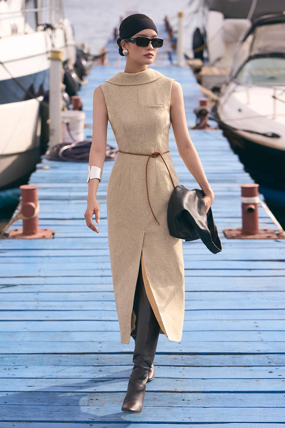 Women's Abigail A-line Sleeveless Crepe/Wool Midi Dress S/M/L White/Golden Sand MEAN BLVD M / Golden Sand Women's Abigail A-line Sleeveless Crepe/Wool Midi Dress S/M/L White/Golden Sand MEAN BLVD M / Golden Sand