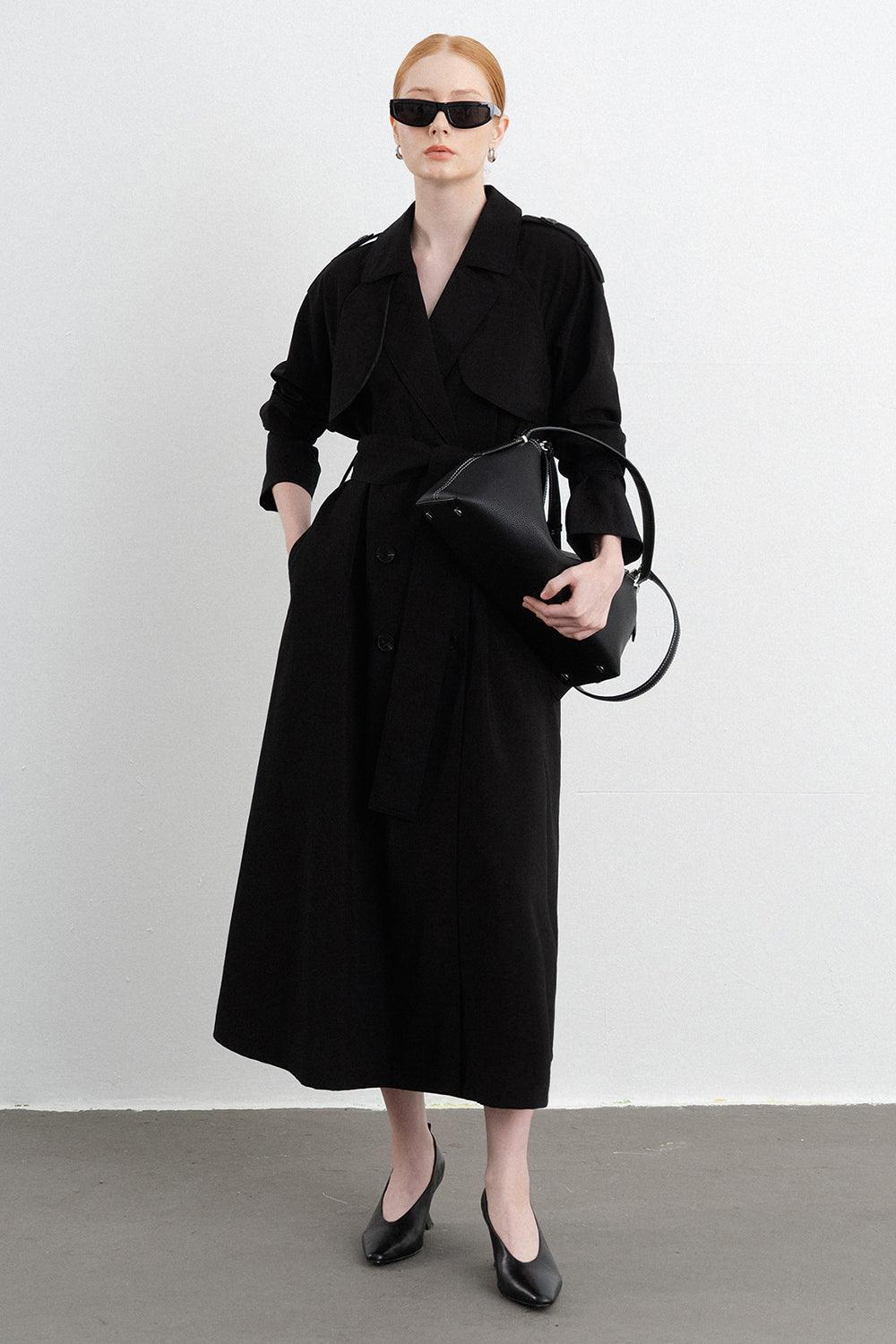 Women's Abigail Straight Notch Lapel Kate Trench Coat S/M/L Black MEAN BLVD