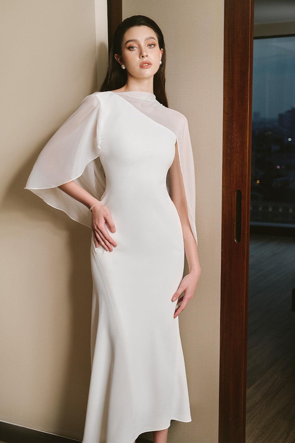 white midi trumpet dress Women's Abigail Trumpet Cape Sleeved Twill Midi Dress S/M/L/Customize White MEAN BLVD White / M