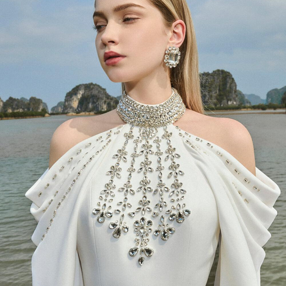 Adelina Sheath Halter Neck Satin Maxi Dress - MEAN BLVD