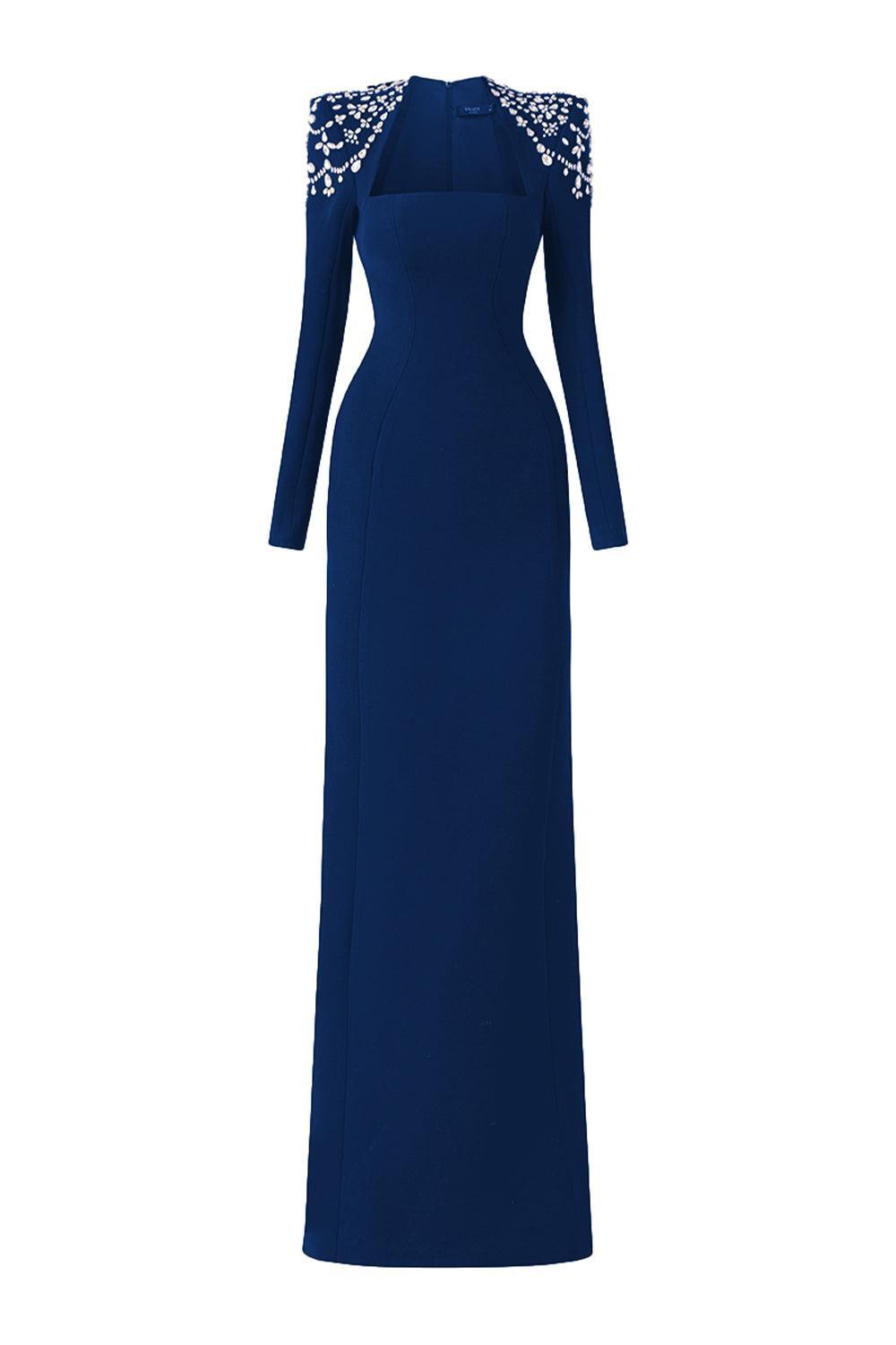 Adeline Bodycon Long Sleeved Crepe Floor Length Dress XL / Cobalt