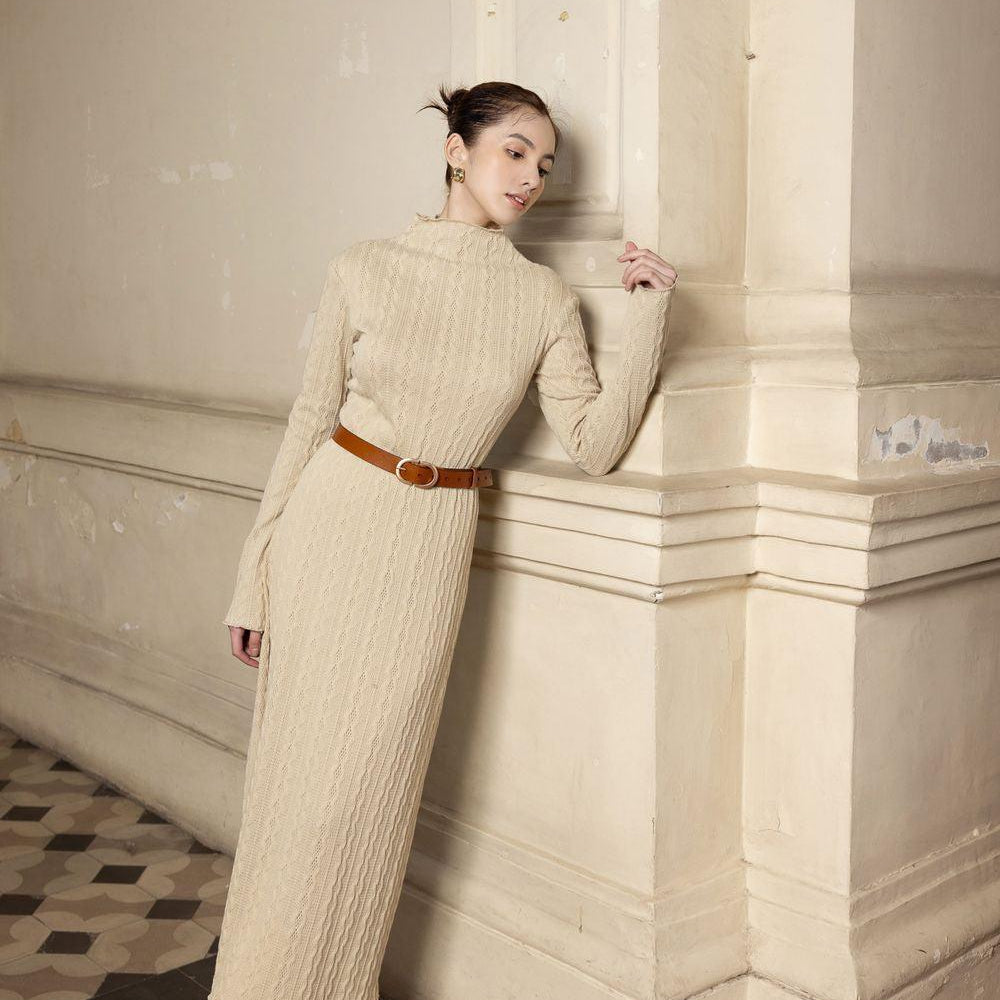 Women's Adeline Straight Long Sleeved Knit Maxi Dress XS/S/M/L Beige MEAN BLVD L / Beige Women's Adeline Straight Long Sleeved Knit Maxi Dress XS/S/M/L Beige MEAN BLVD L / Beige