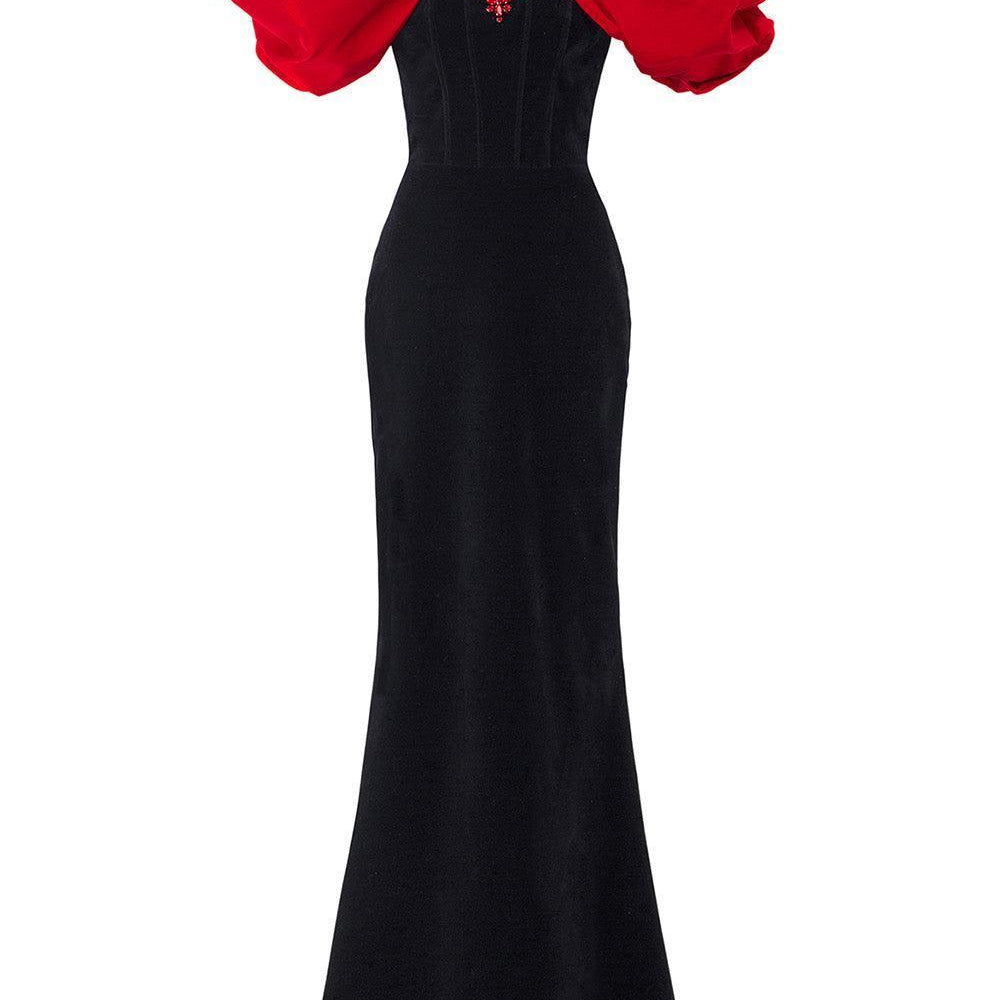 Adelyn Mermaid Puffy Sleeved Velvet Floor Length Dress - MEAN BLVD