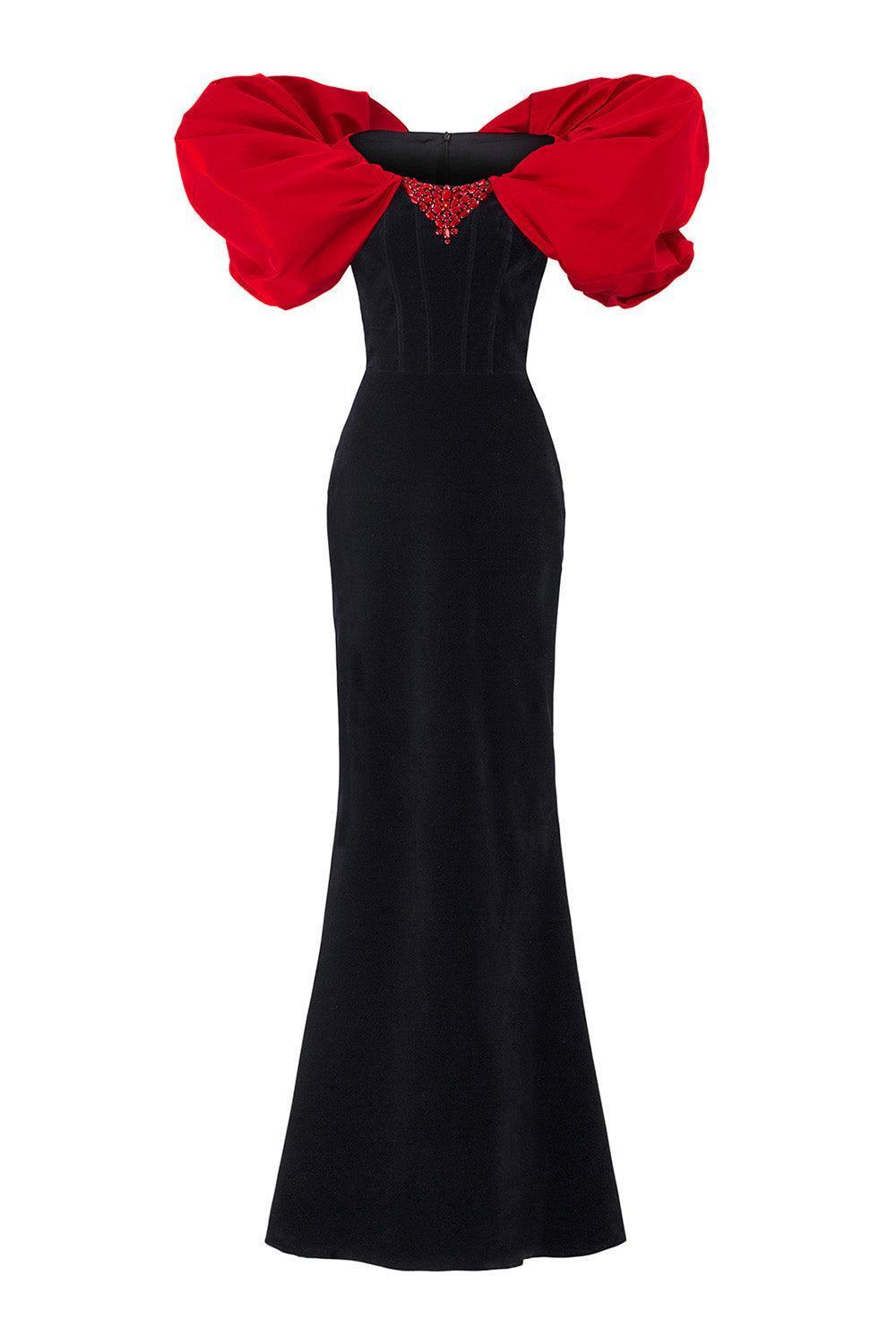 red and black puffy dress Elegant Black Gown With Puffy Pink Sleeves on Luulla