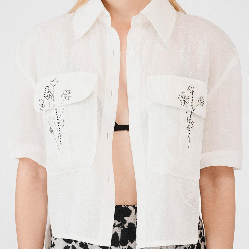 Adelynn Cropped Patch Pocket Linen Shirt - MEAN BLVD