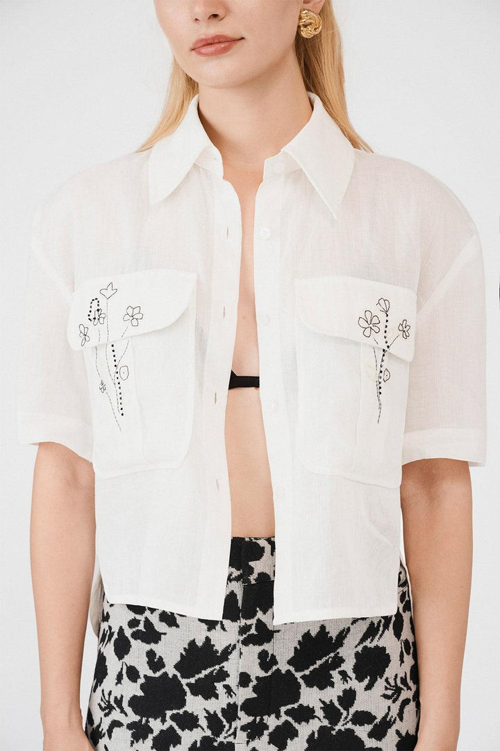 Adelynn Cropped Patch Pocket Linen Shirt - MEAN BLVD