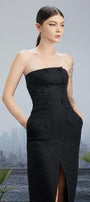 Aerith Slit Straight Across Neck Brocade Floor Length Dress - MEAN BLVD