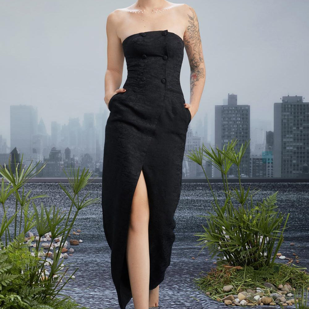Aerith Slit Straight Across Neck Brocade Floor Length Dress - MEAN BLVD
