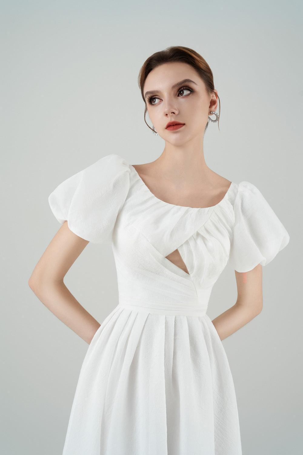Women's Agnese Fit and Flare Puffy Sleeved Rayon Midi Dress S/M/L/XL/Customize White MEAN BLVD White / L Women's Agnese Fit and Flare Puffy Sleeved Rayon Midi Dress S/M/L/XL/Customize White MEAN BLVD White / L