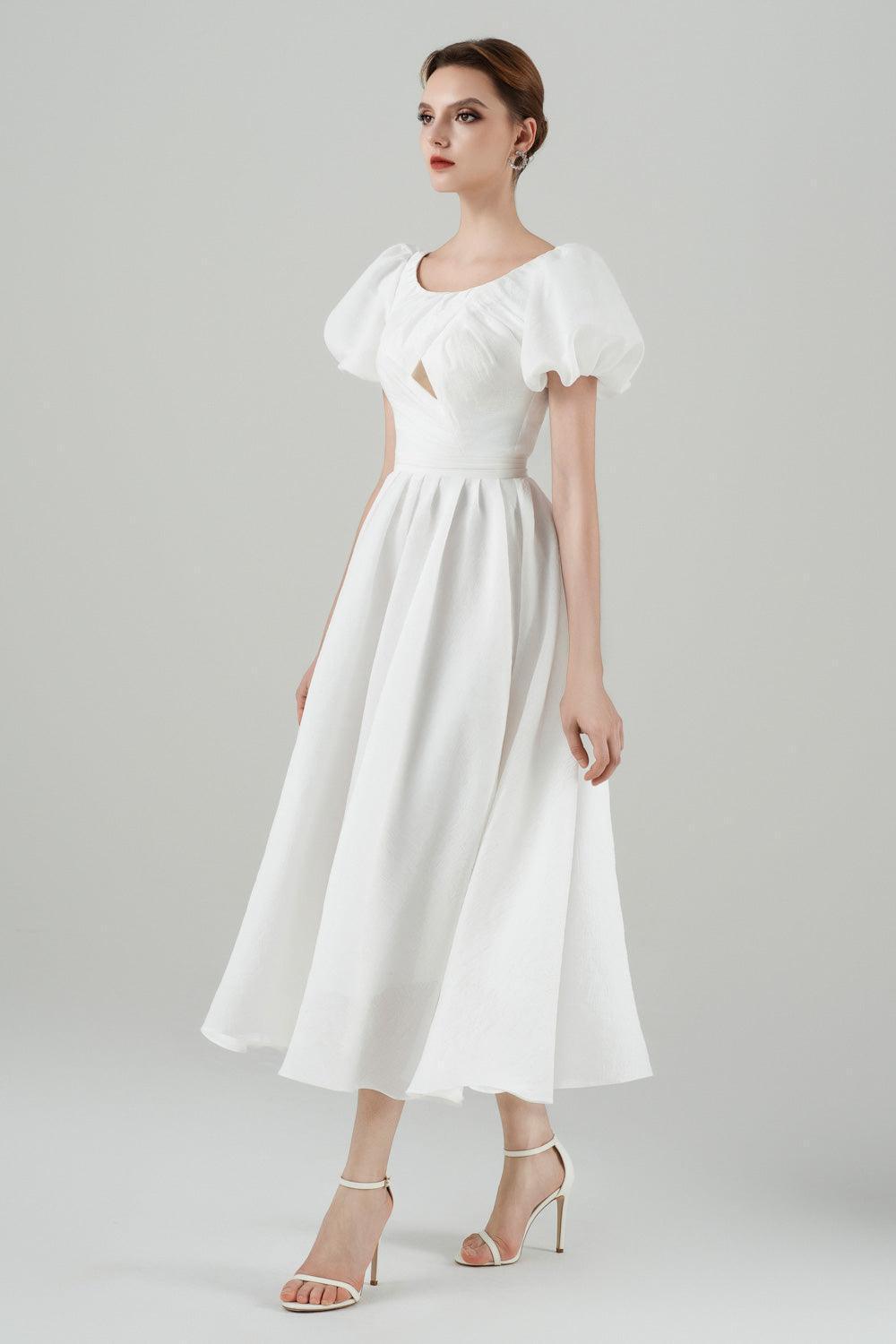Women's Agnese Fit and Flare Puffy Sleeved Rayon Midi Dress S/M/L/XL/Customize White MEAN BLVD White / L Women's Agnese Fit and Flare Puffy Sleeved Rayon Midi Dress S/M/L/XL/Customize White MEAN BLVD White / L
