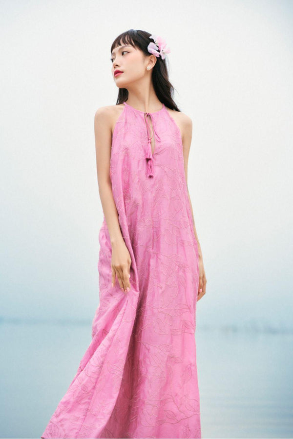 Ai Nhu Straight Halter Neck Synthetic Silk Maxi Dress - MEAN BLVD