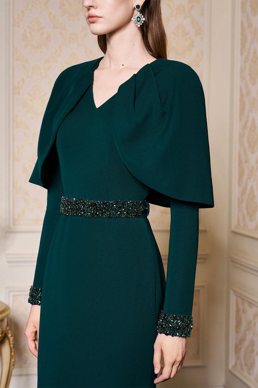 Ailani Mermaid Cape Shoulder Crepe Extra Long Length Dress - MEAN BLVD