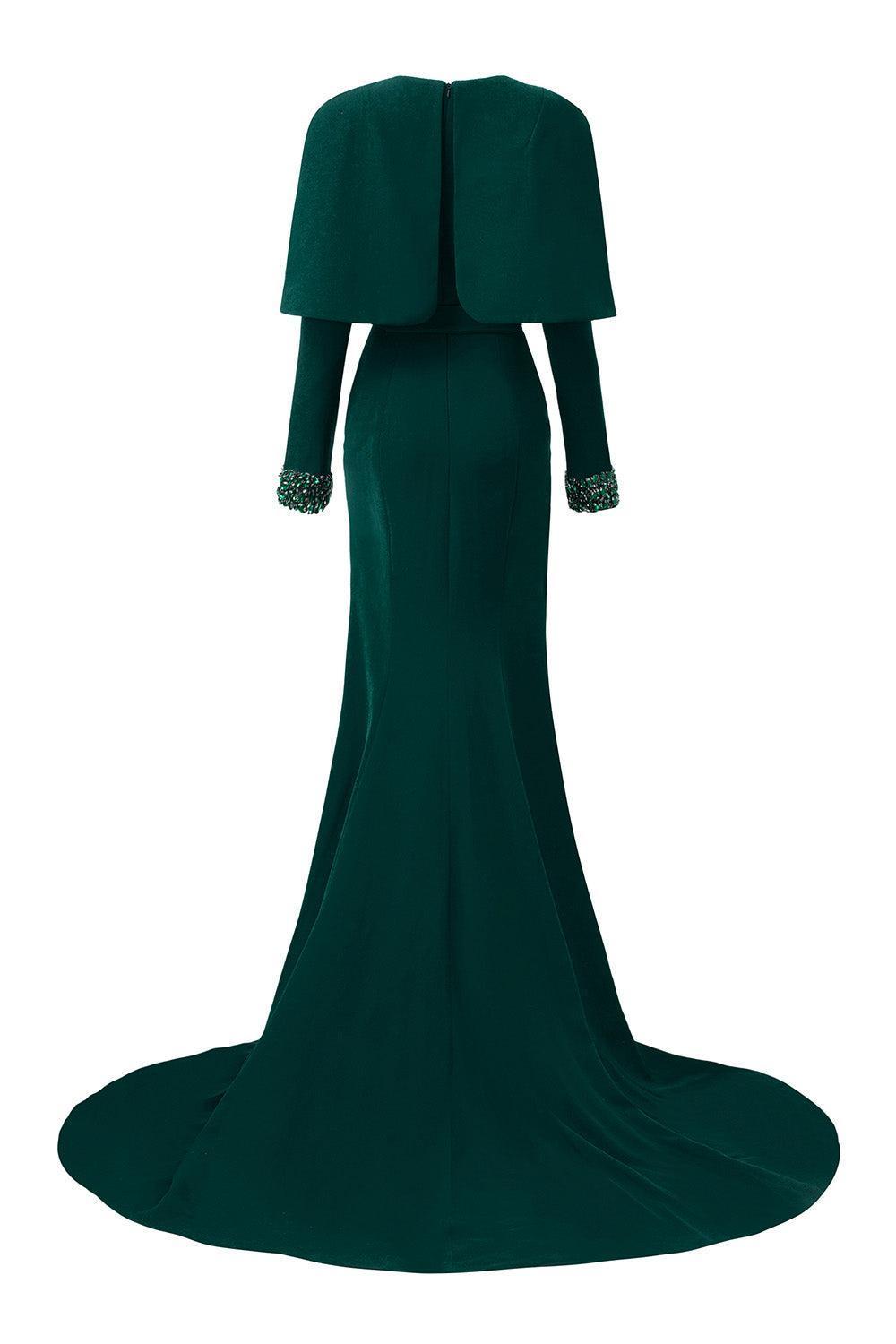 Ailani Mermaid Cape Shoulder Crepe Extra Long Length Dress - MEAN BLVD