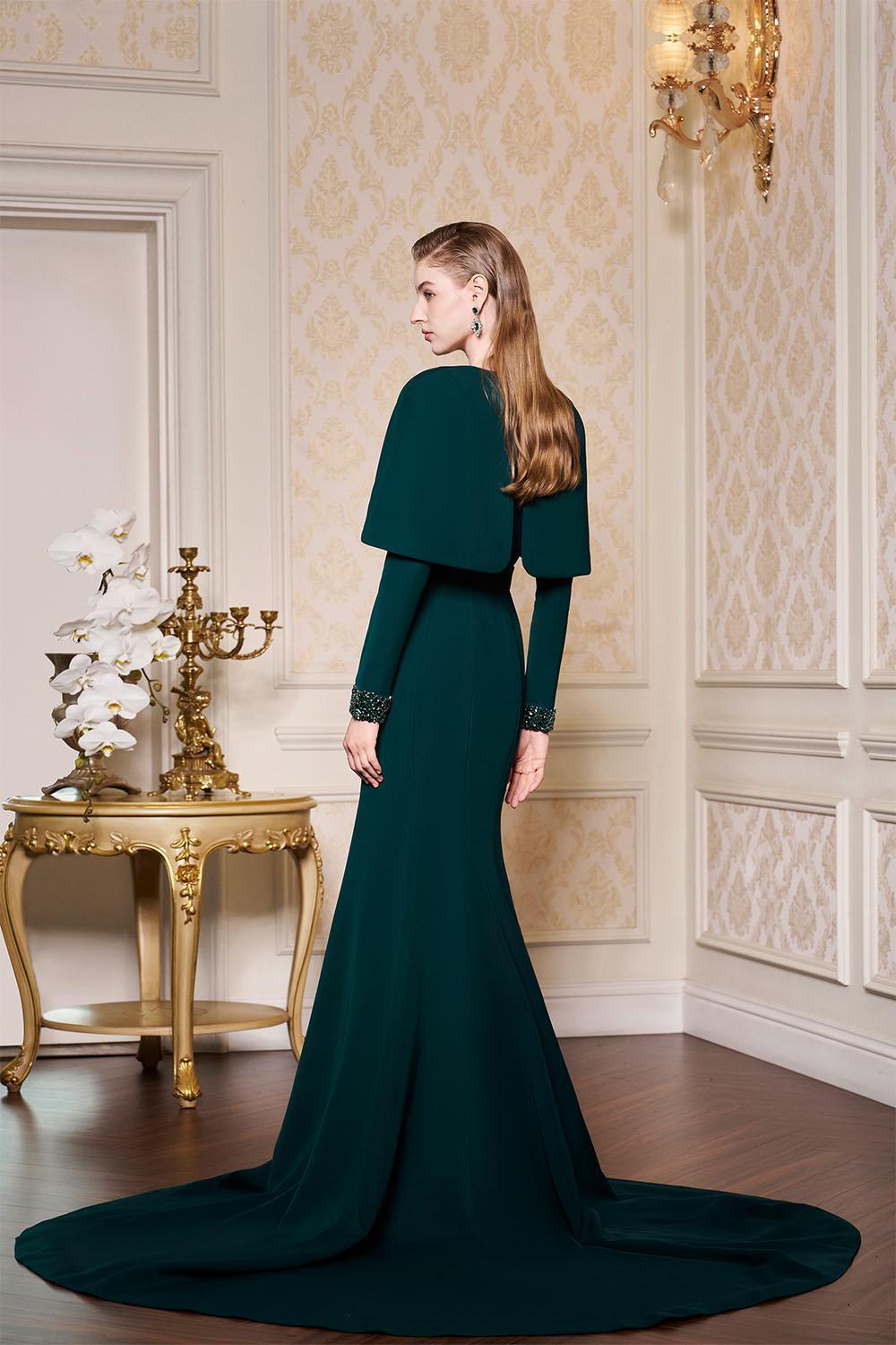 Ailani Mermaid Cape Shoulder Crepe Extra Long Length Dress - MEAN BLVD