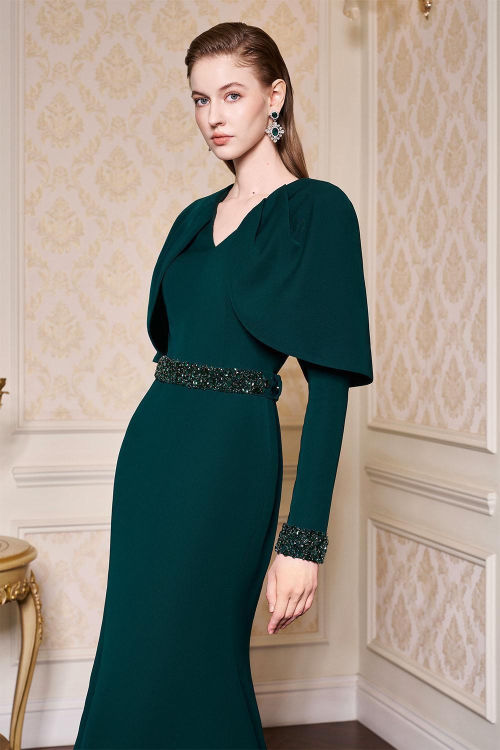 Ailani Mermaid Cape Shoulder Crepe Extra Long Length Dress - MEAN BLVD