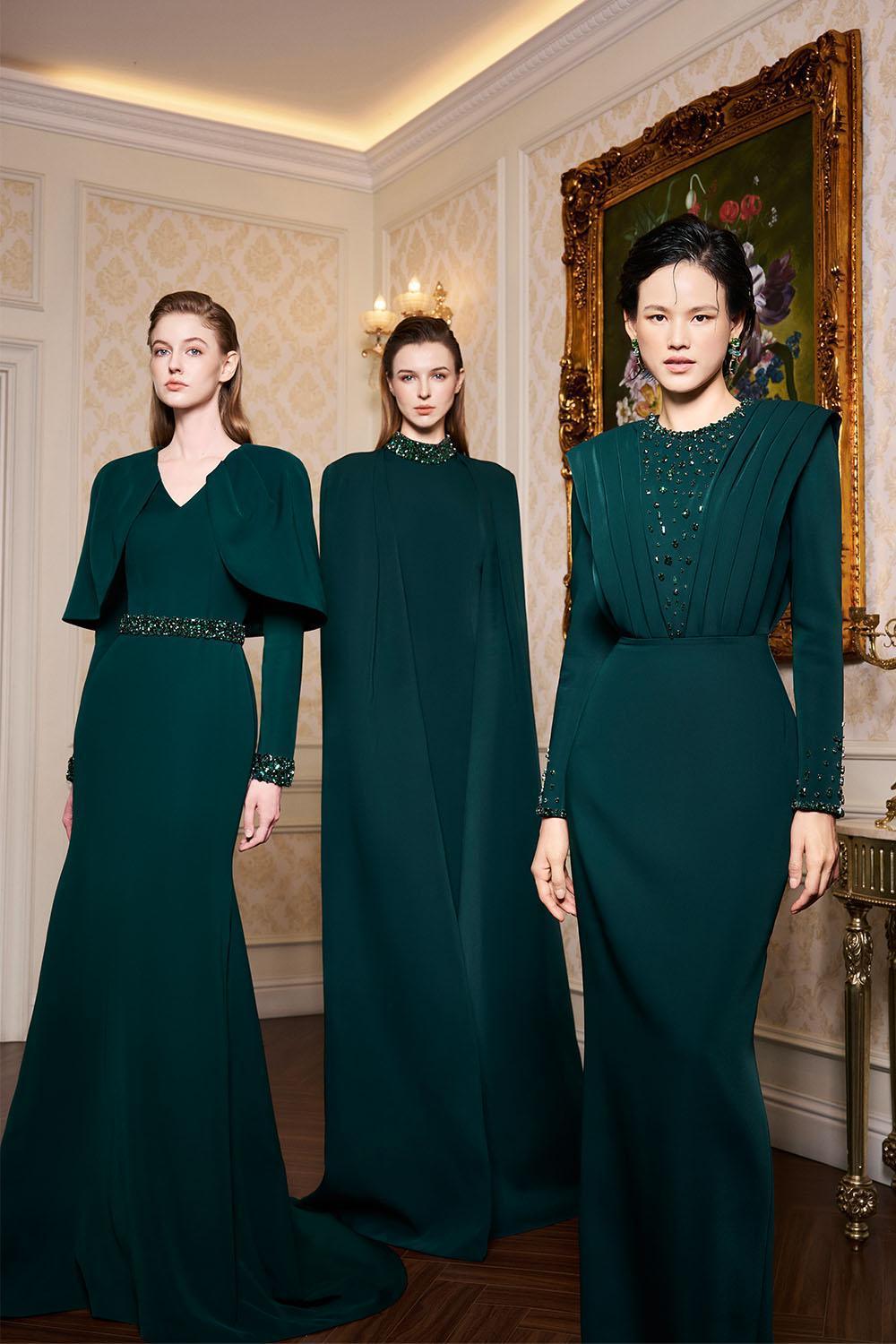 Ailani Mermaid Cape Shoulder Crepe Extra Long Length Dress - MEAN BLVD