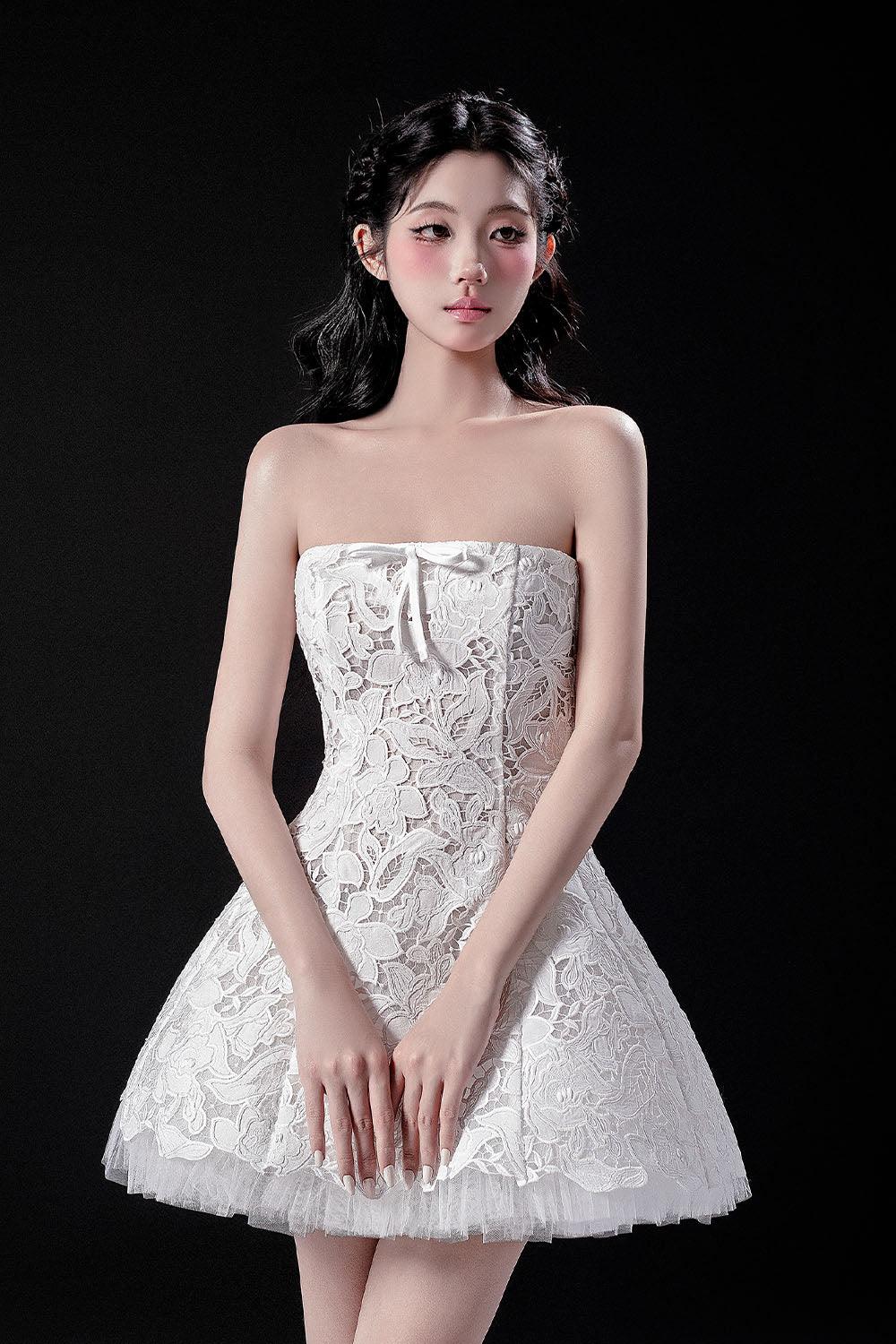 chinese dress ladies Women's Aimee Bouffont Straight Across Neck Lace Mini Dress XS/S/M/L/Customize White Mean Blvd White / L