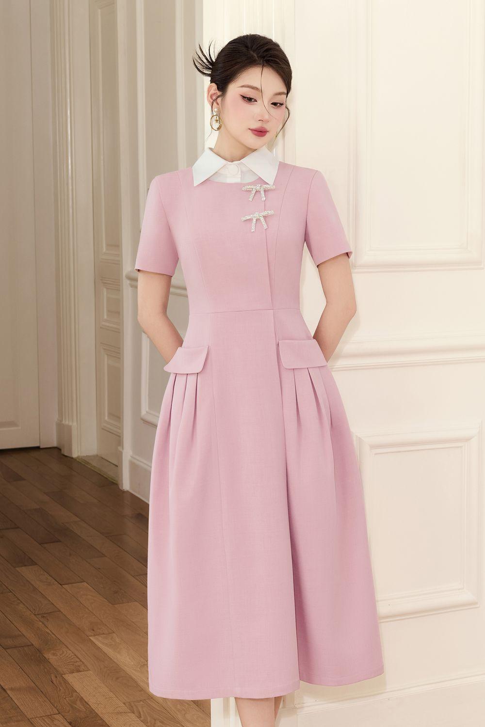Aimi A-line Collared Neck Linen Cotton Midi Dress - MEAN BLVD