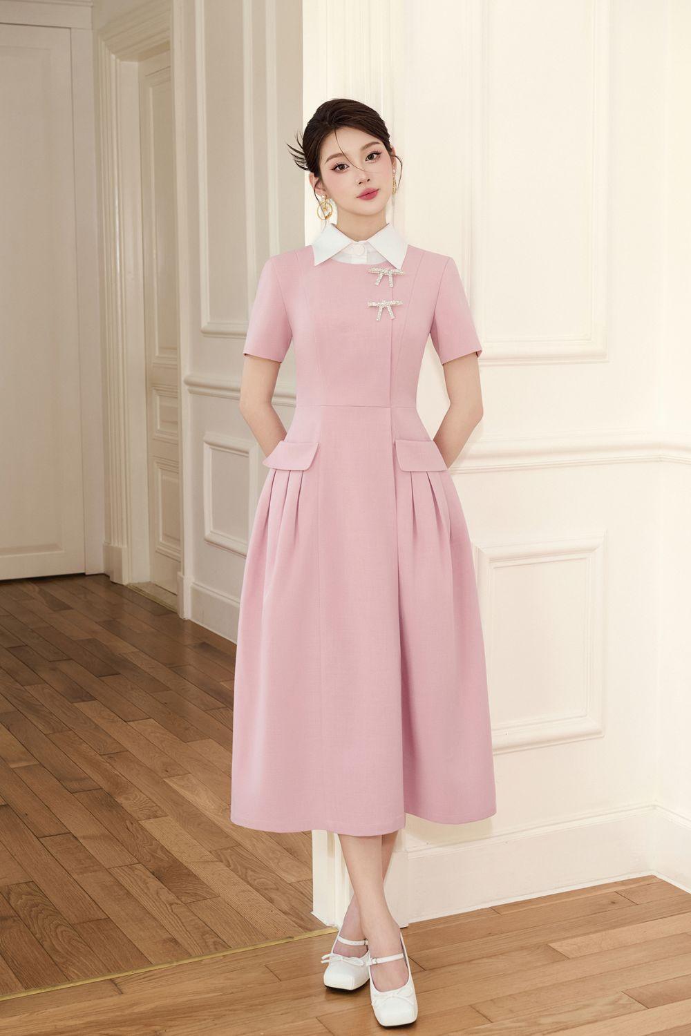 Aimi A-line Collared Neck Linen Cotton Midi Dress - MEAN BLVD
