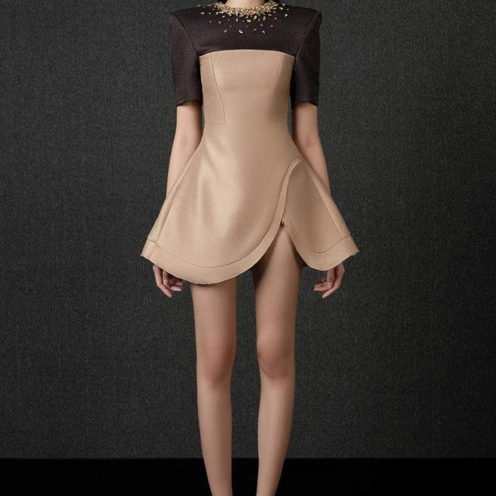 Women's Ainsley Fit and Flare Round Neck Taffeta Mini Dress XS/S/M/L Brown MEAN BLVD Brown / M Women's Ainsley Fit and Flare Round Neck Taffeta Mini Dress XS/S/M/L Brown MEAN BLVD Brown / M