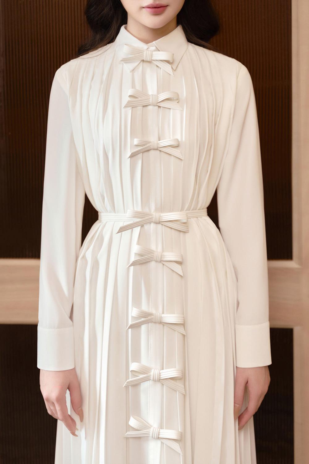 pleated cuff dress Mac Duggal Crew Neck Long Blouson Cuff Sleeve Pleated High Slit Gown