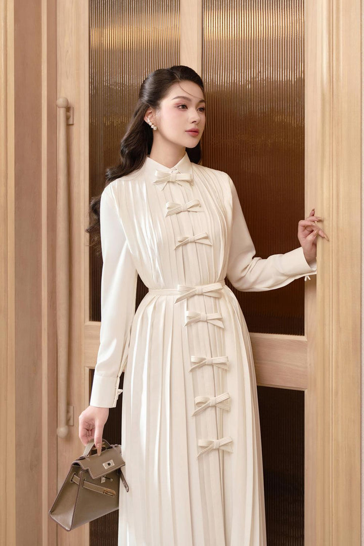 Akina Pleated Cuff Sleeved Linen Cotton Midi Dress - MEAN BLVD